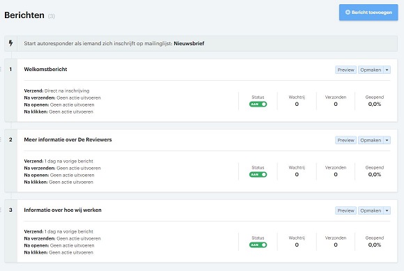 Met de Autoresponder functie van Enormail kan je makkelijk een serie e-mails klaarzetten voor je potentiele klanten. Dit proces gaat volledig automatisch en heb je geen omkijken meer naar. Op deze manier bouw je een band op met je (potentiele) klanten.