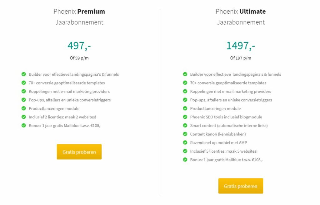De prijzen van de verschillende pakketten van Phoenix site