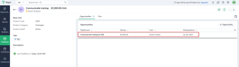 Bigin CRM Opportunity management - Inzicht in producten - Review Bigin CRM