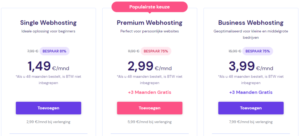 De prijspakketten van Hostinger