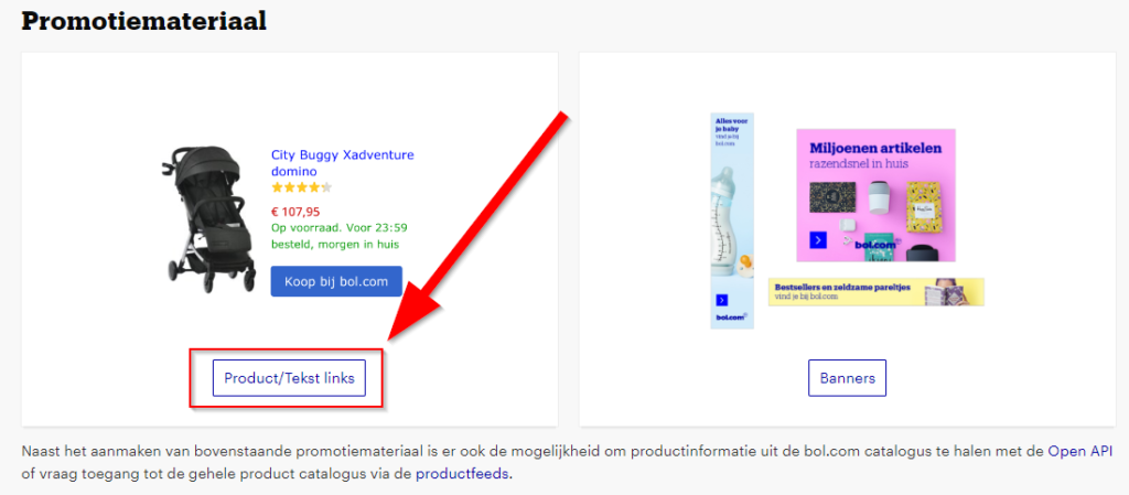 Hoe plaats je een affiliate link van Bol.com op je website. Klik op Product Tekstlinks.
